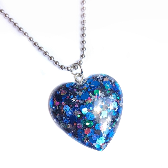 Handmade Jewelry - Heart shaped black blue silver holographic star glitter necklace new resin Ooak